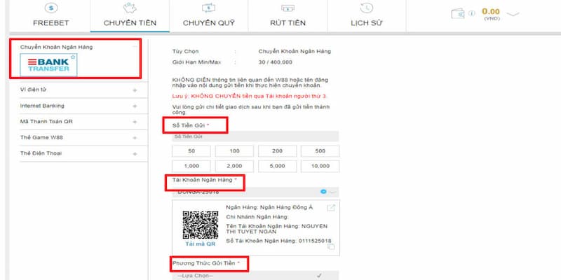 Nạp tiền dễ dàng tại WW88 với phương thức chuyển khoản ngân hàng